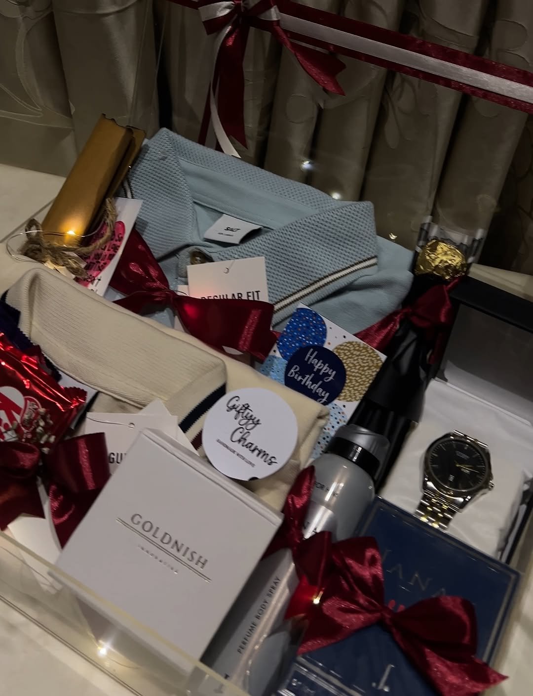 Premium birthday gift hamper for men with shirt watch and perfume