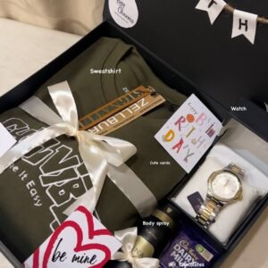 Birthday gift hamper for men with sweatshirt, watch, body spray and chocolates
