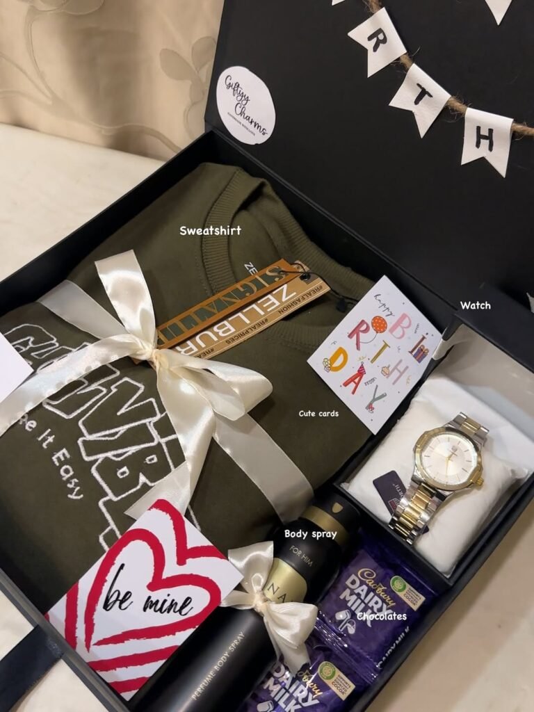Birthday gift hamper for men with sweatshirt, watch, body spray and chocolates